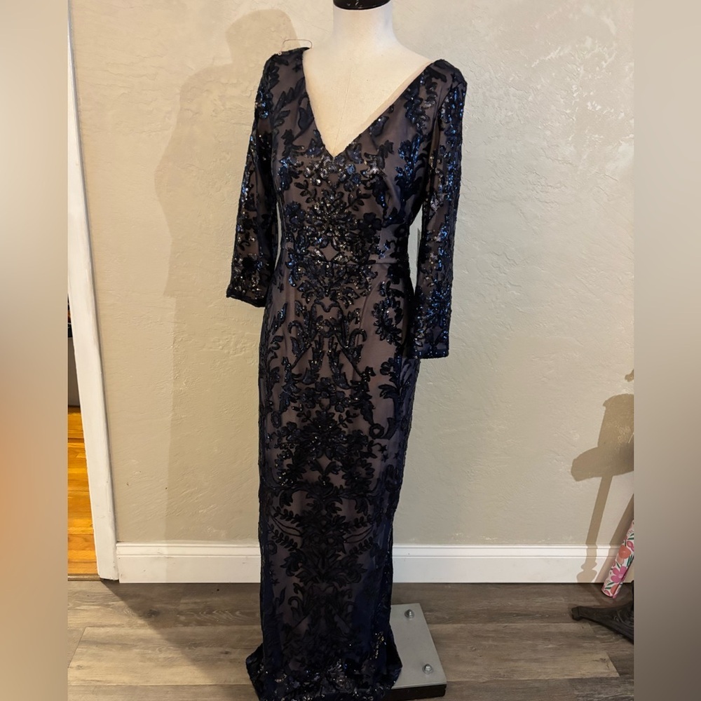 Elegant Papell Boutique Navy Sequin V-Neck Evening Dress Gown Sz 10